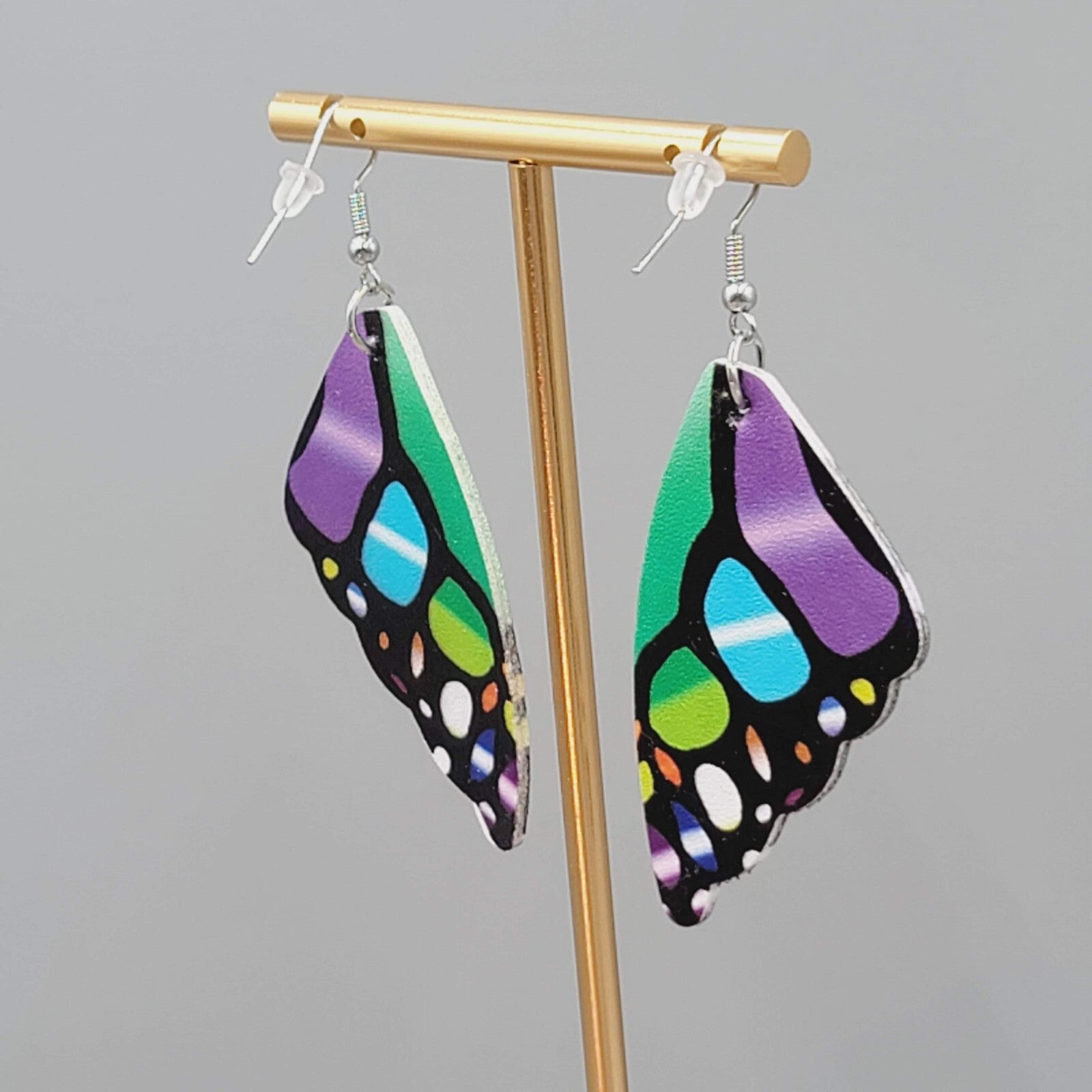Butterfly Wing Pierced Earrings Multicolor Statement Dangle 2.25"