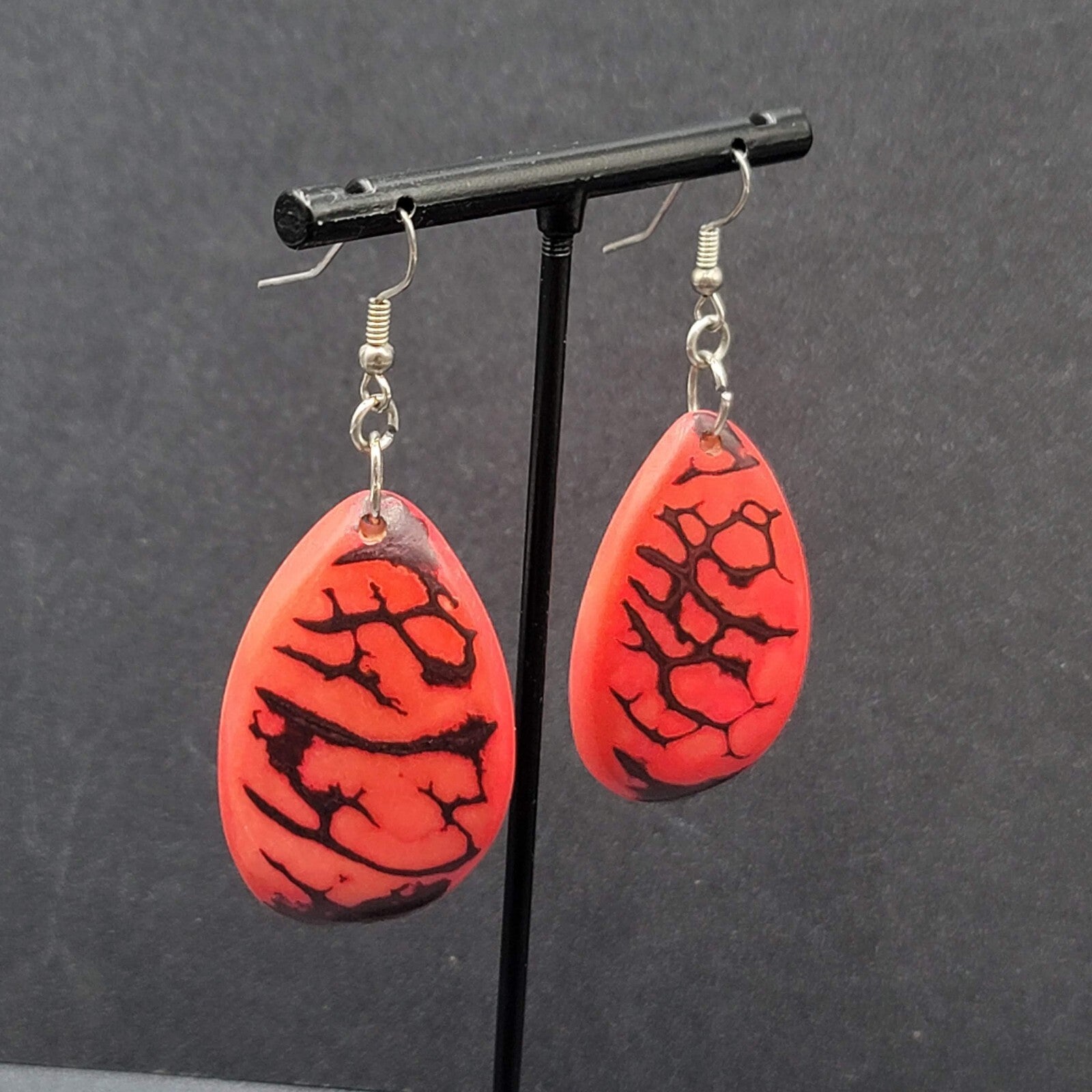 Pierced Earrings Red Dyed Tagua Nut Dangle Silver tone 1.75"