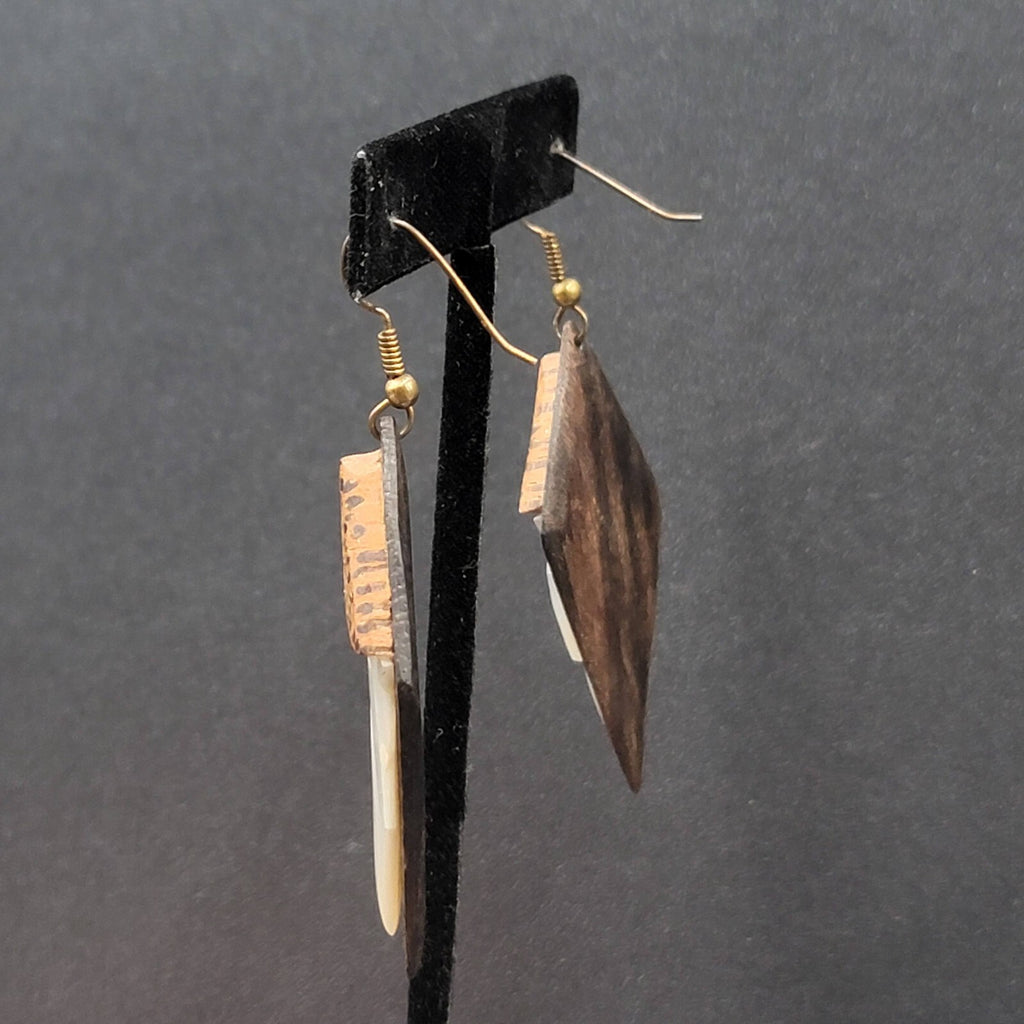 Vintage Pierced Earrings Wood Mother of Pearl Unique Hand Carved Dangle 2 1/8"