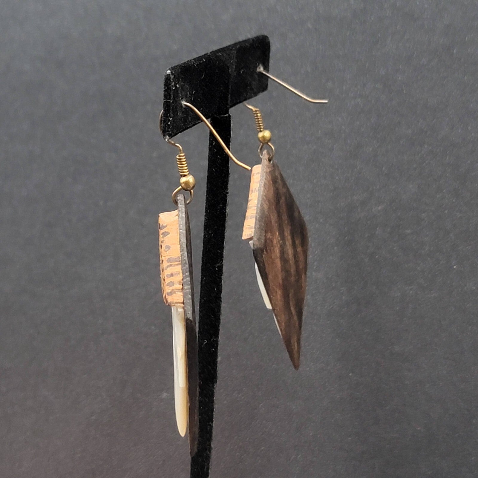 Vintage Pierced Earrings Wood Mother of Pearl Unique Hand Carved Dangle 2 1/8"