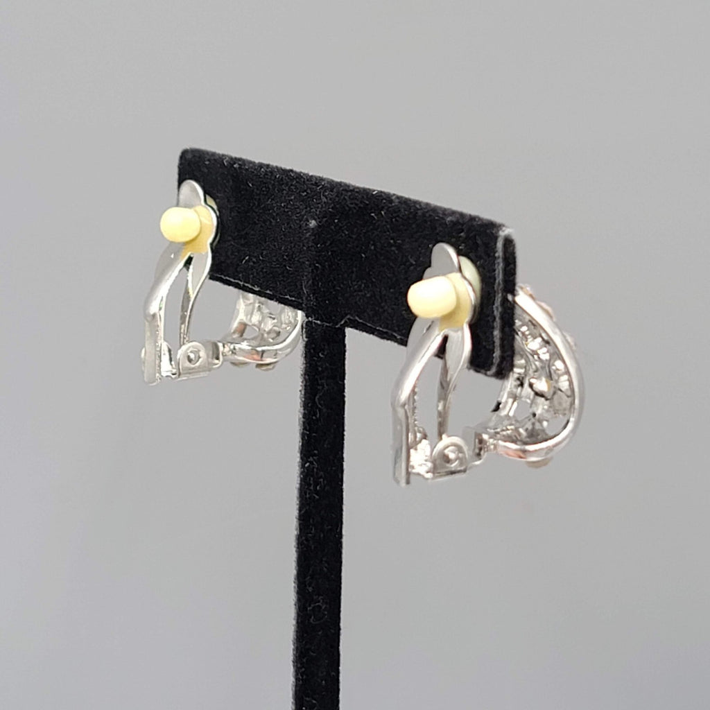 Clip on Earrings Silver tone AB Rhinestones Half Hoop Drop  3/4"