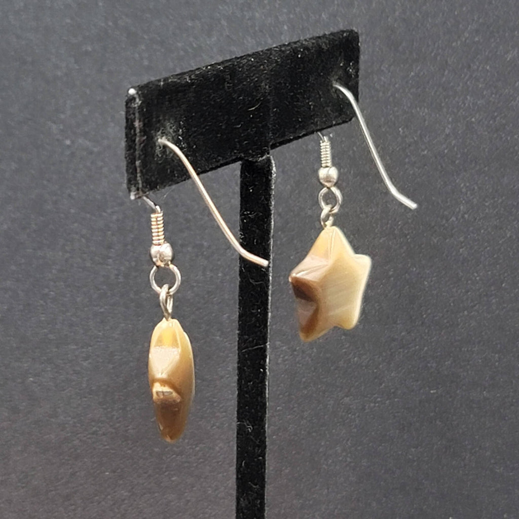 Pierced Earrings Silver tone Tan Brown Satin Cats Eye Glass Star Bead Dangle 3/4