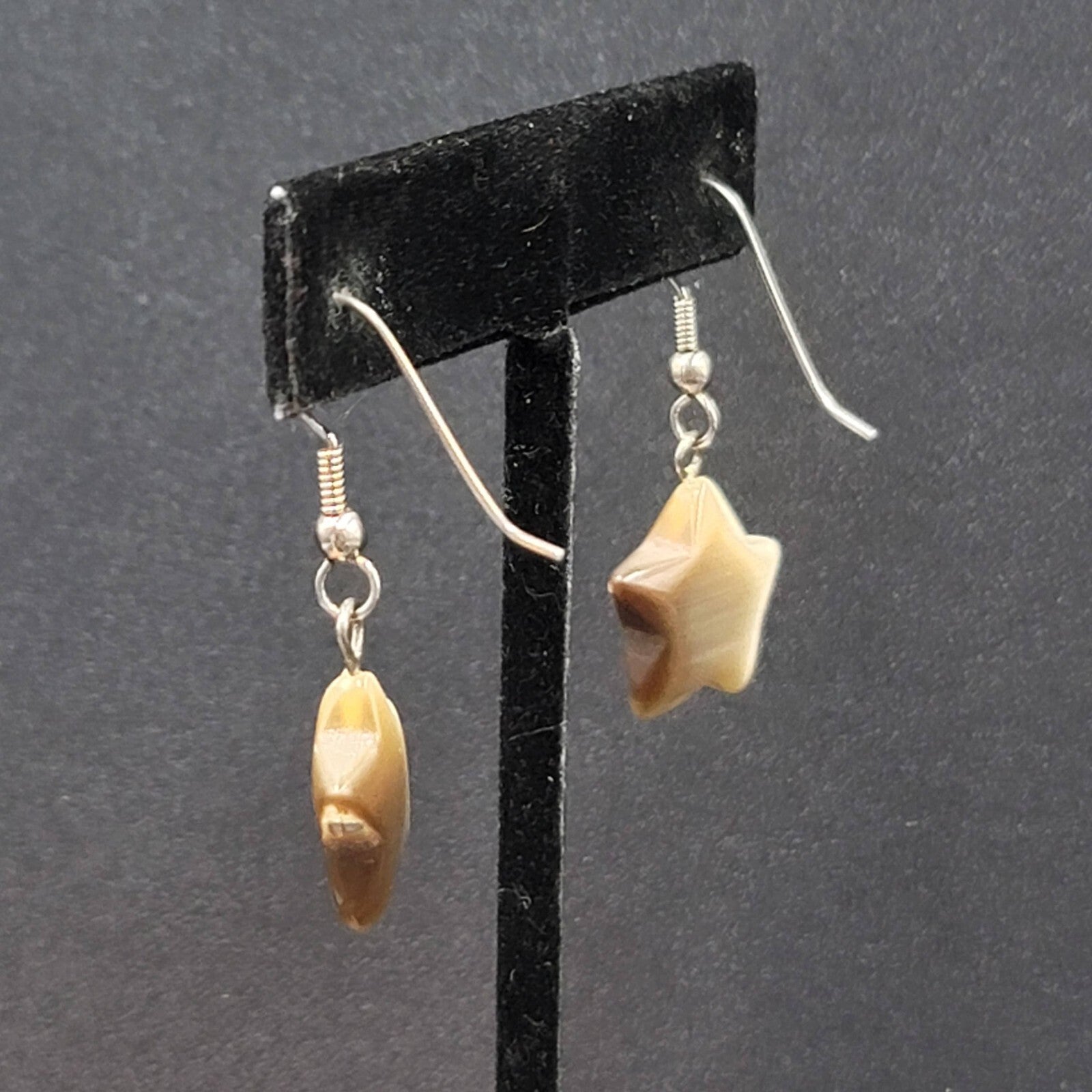 Pierced Earrings Silver tone Tan Brown Satin Cats Eye Glass Star Bead Dangle 3/4