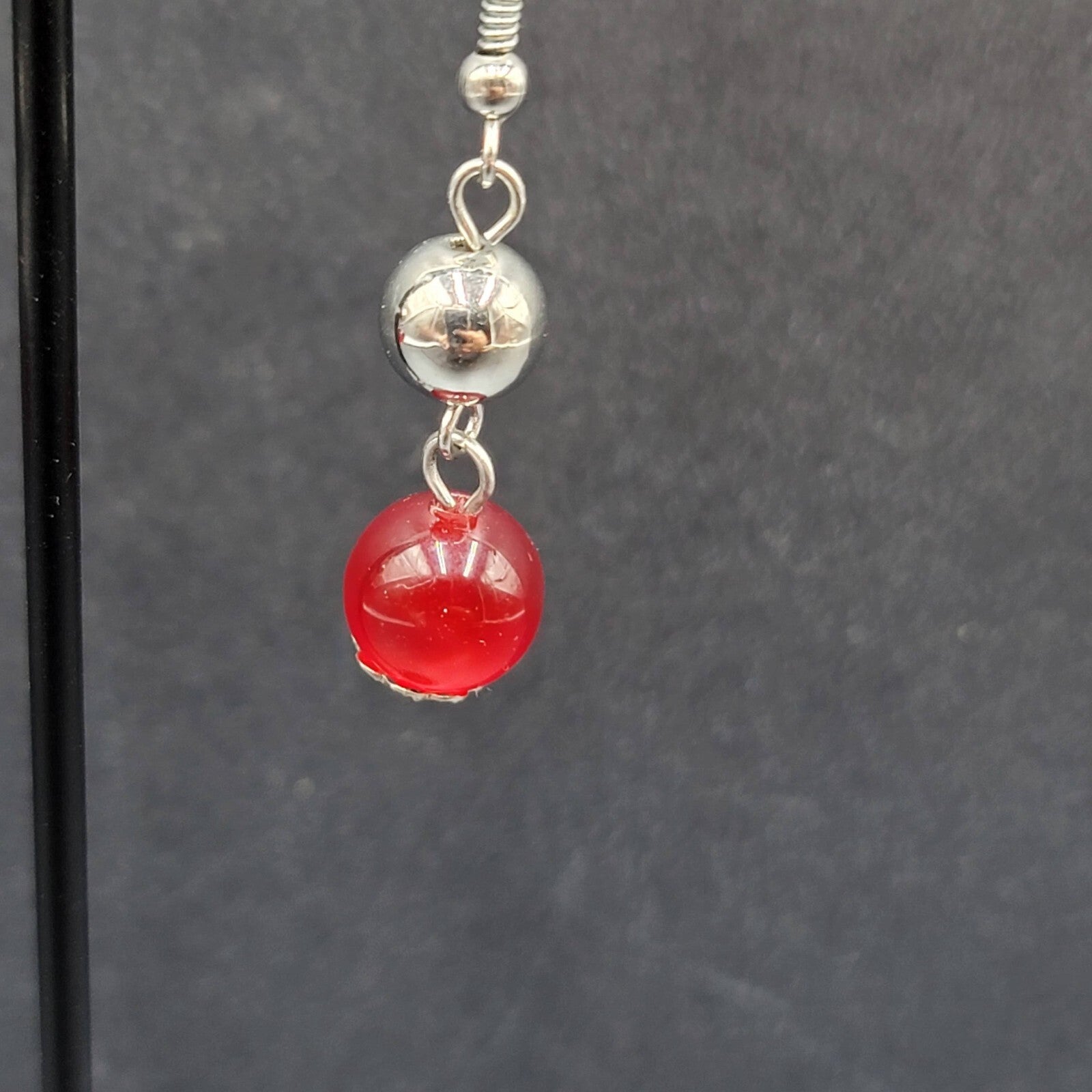Pierced Earrings Silver tone Bead Red Moonglow Bead Dangle 1"