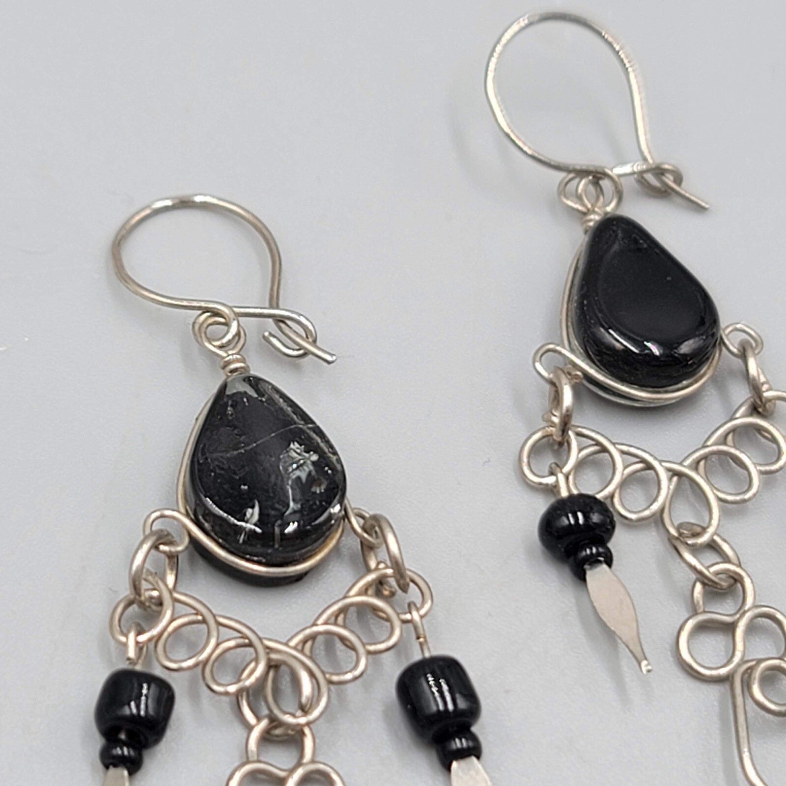 Vintage Black Glass Wire Wrap Pierced Earrings Silver tone Dangle 2"