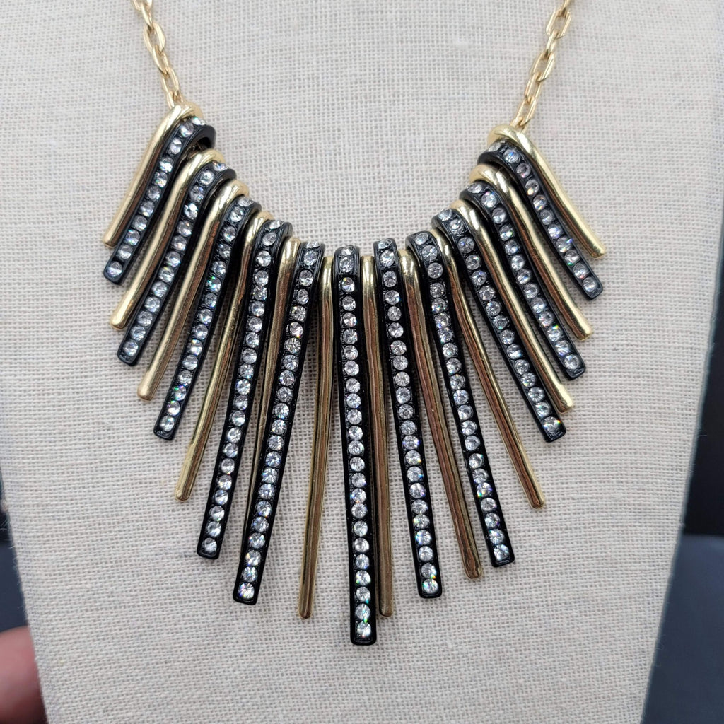 Gold Plated Black Enamel Crystal Rhinestone Bib Statement Necklace 17"-20"