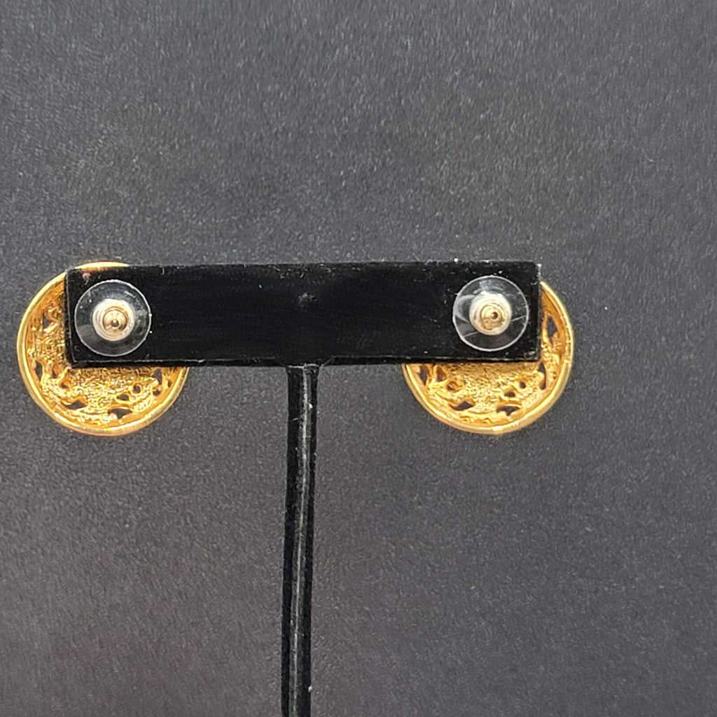 Vintage Pierced Earrings Gold Plated Blue Swirl Enamel Round Drop 1"