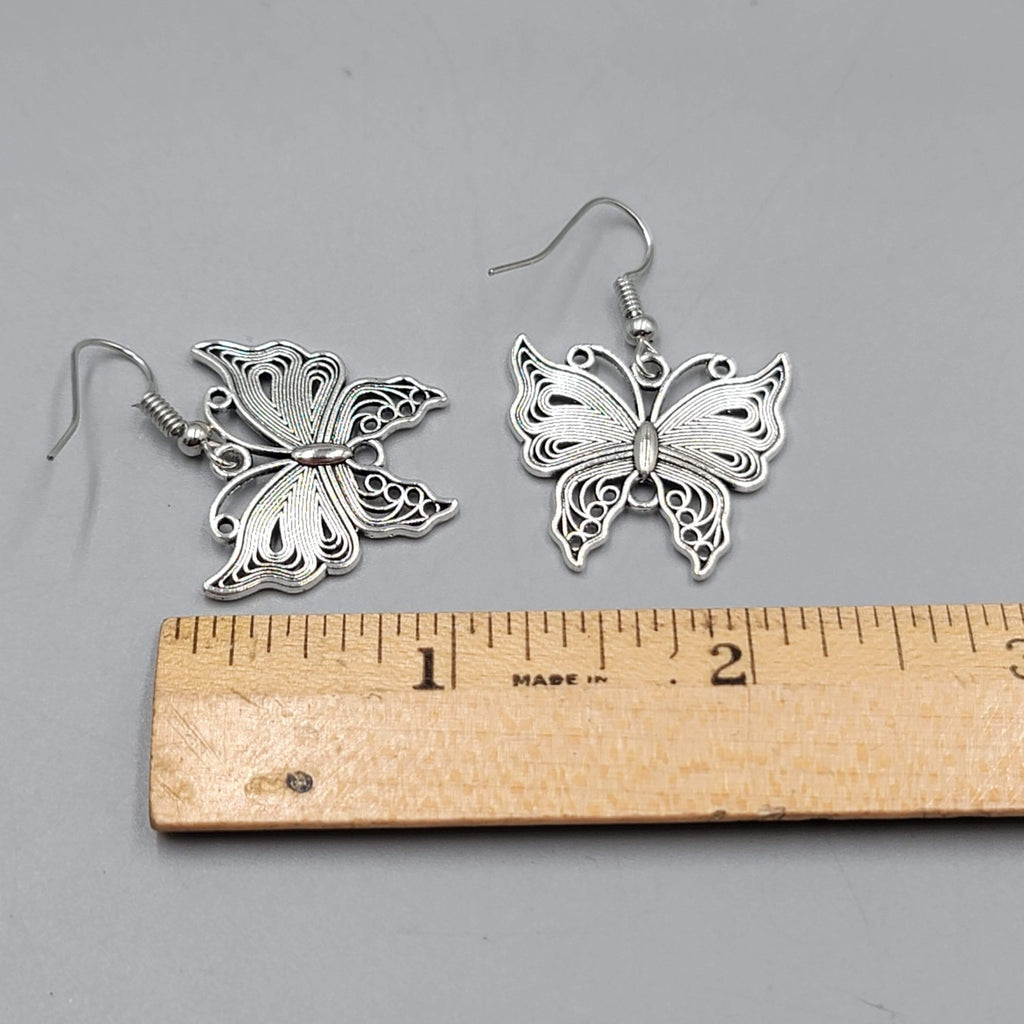 Filigree Butterfly Pierced Earrings Silver tone Dangle 1"