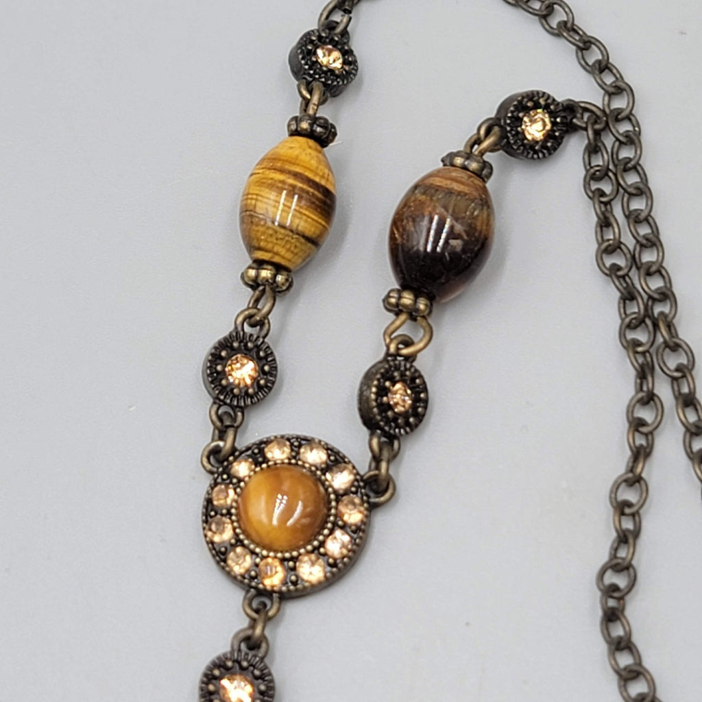 Tigers Eye Y Drop Necklace Bronze Tone Chain Pendant Crystal Accent 18"