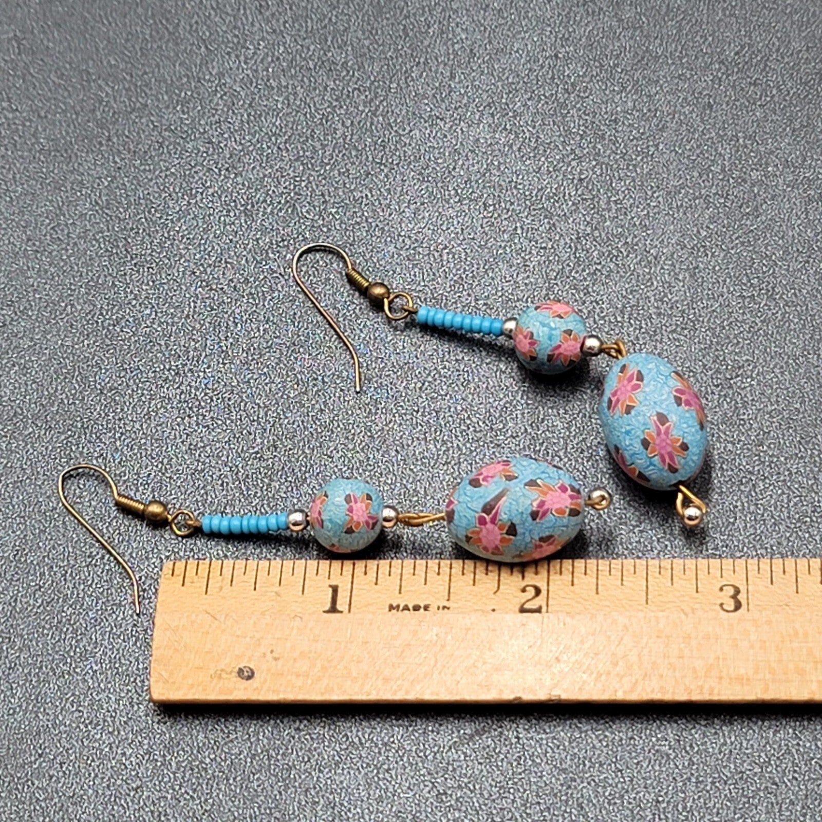 Vintage Pierced Earrings Gold tone Blue Flower Bead Long Dangle 2.25"