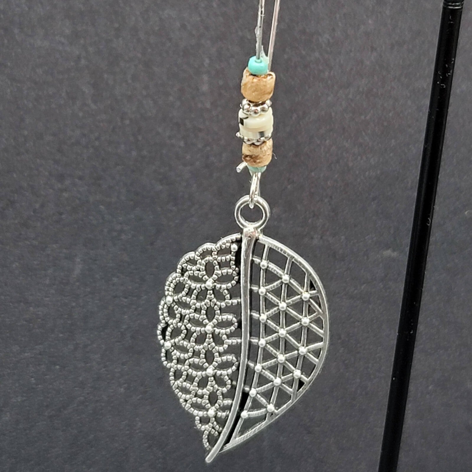 New Boho Pierced Earrings Open Work Leaf Beaded Long 3"