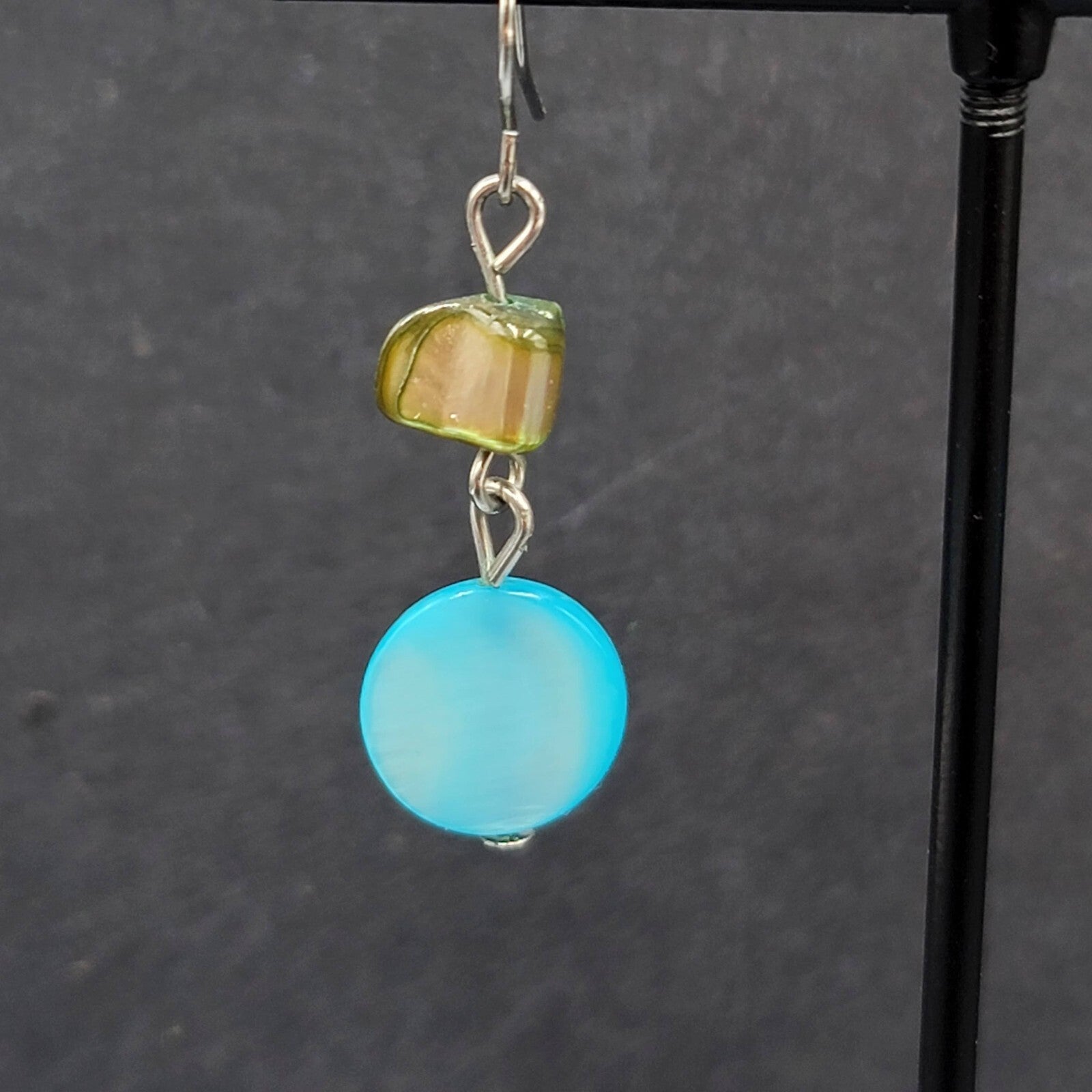 Pierced Earrings Green Blue Shell Bead Dangle Silver tone Hooks 1"