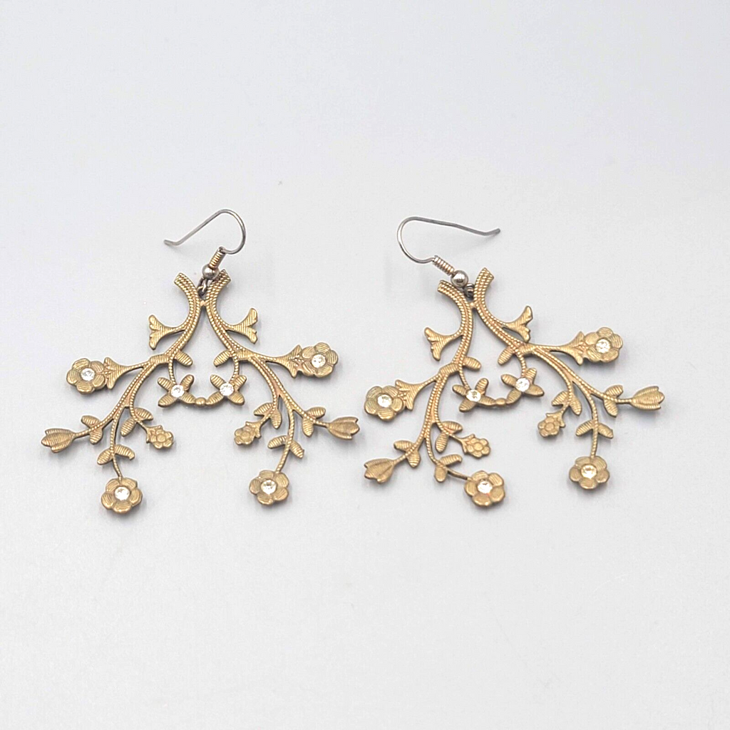 Leaf Statement Pierced Earrings Greenish Bronze tone Crystal Dangle 1.75"