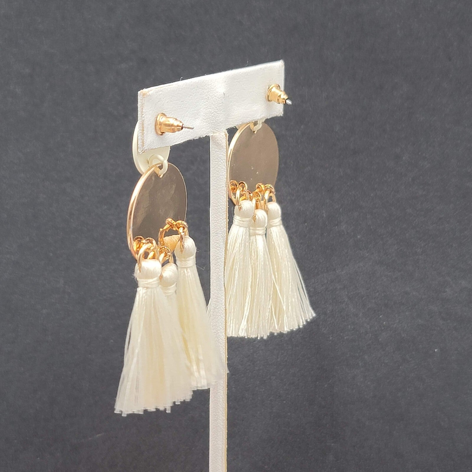 Pierced Earrings Brushed Gold tone White Tassel String Dangle 2.5"