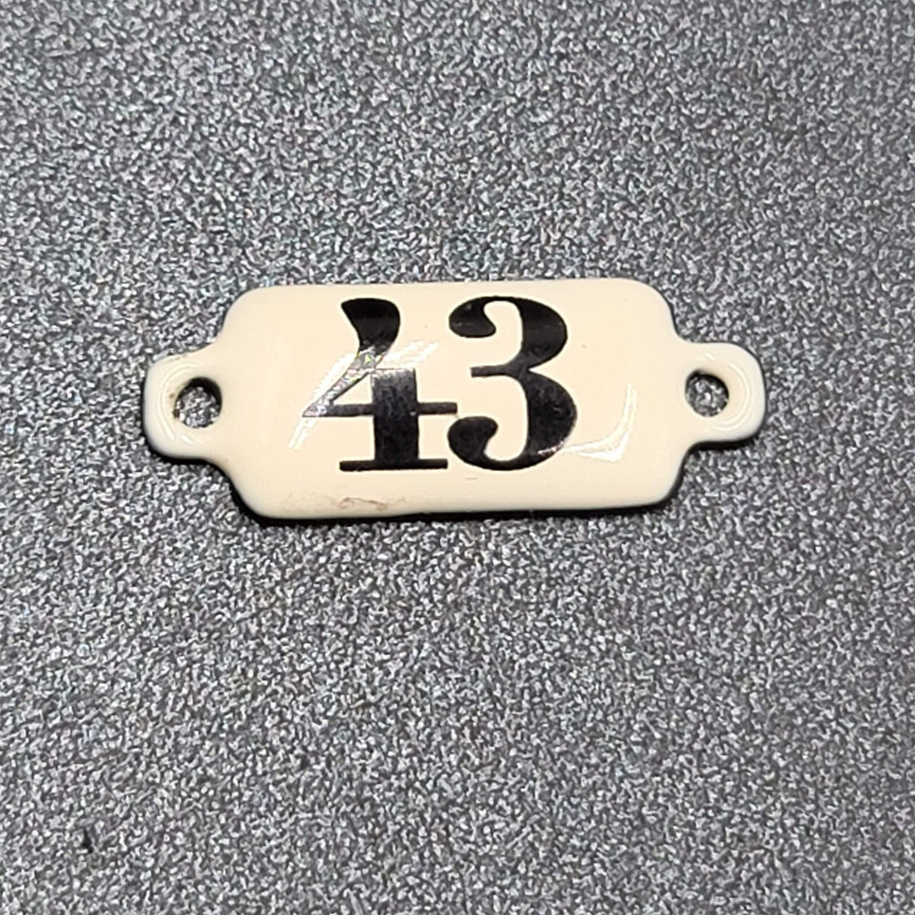 Vintage White Porcelain Metal Tag Plate Plaque Number 43 (1 1/4" x 1/2"