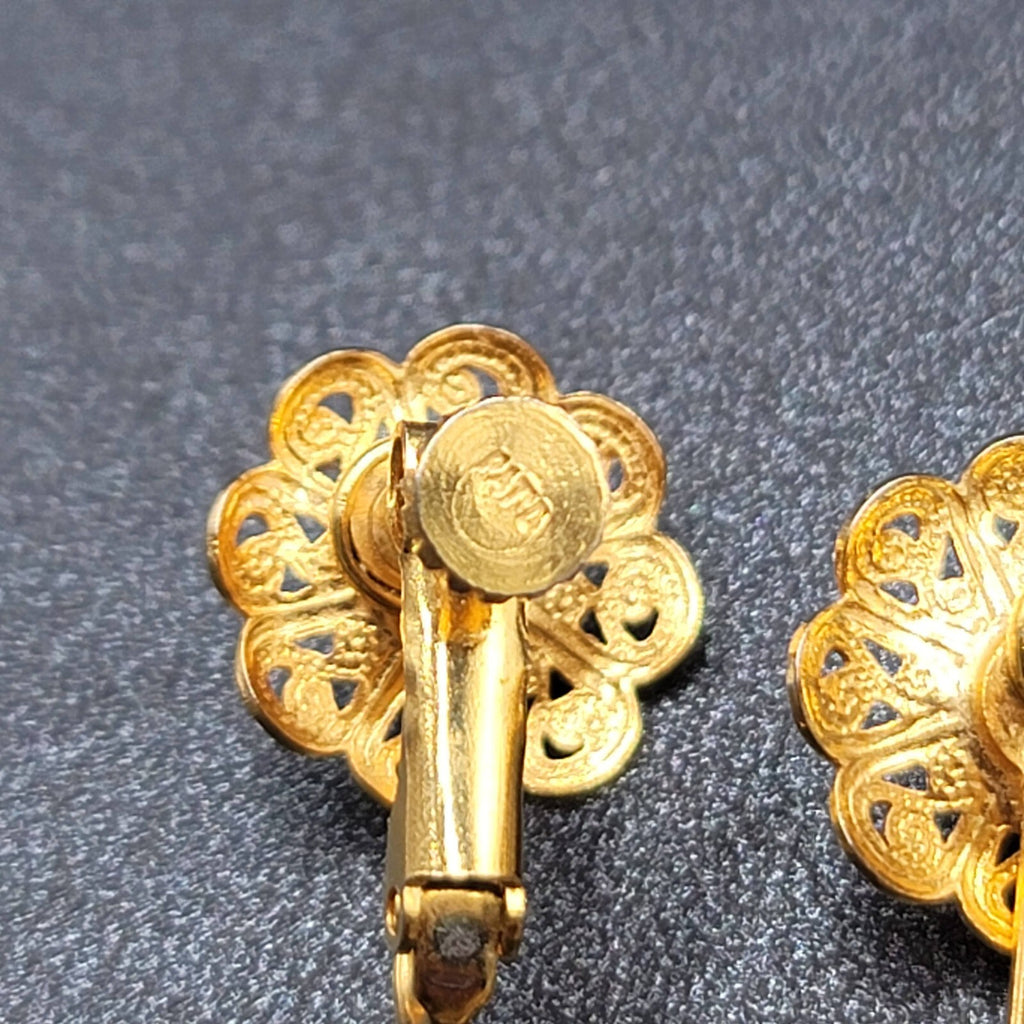 Vintage Clip on Earrings Gold tone Faux Pearl Filigree Flower Studs 1/2"
