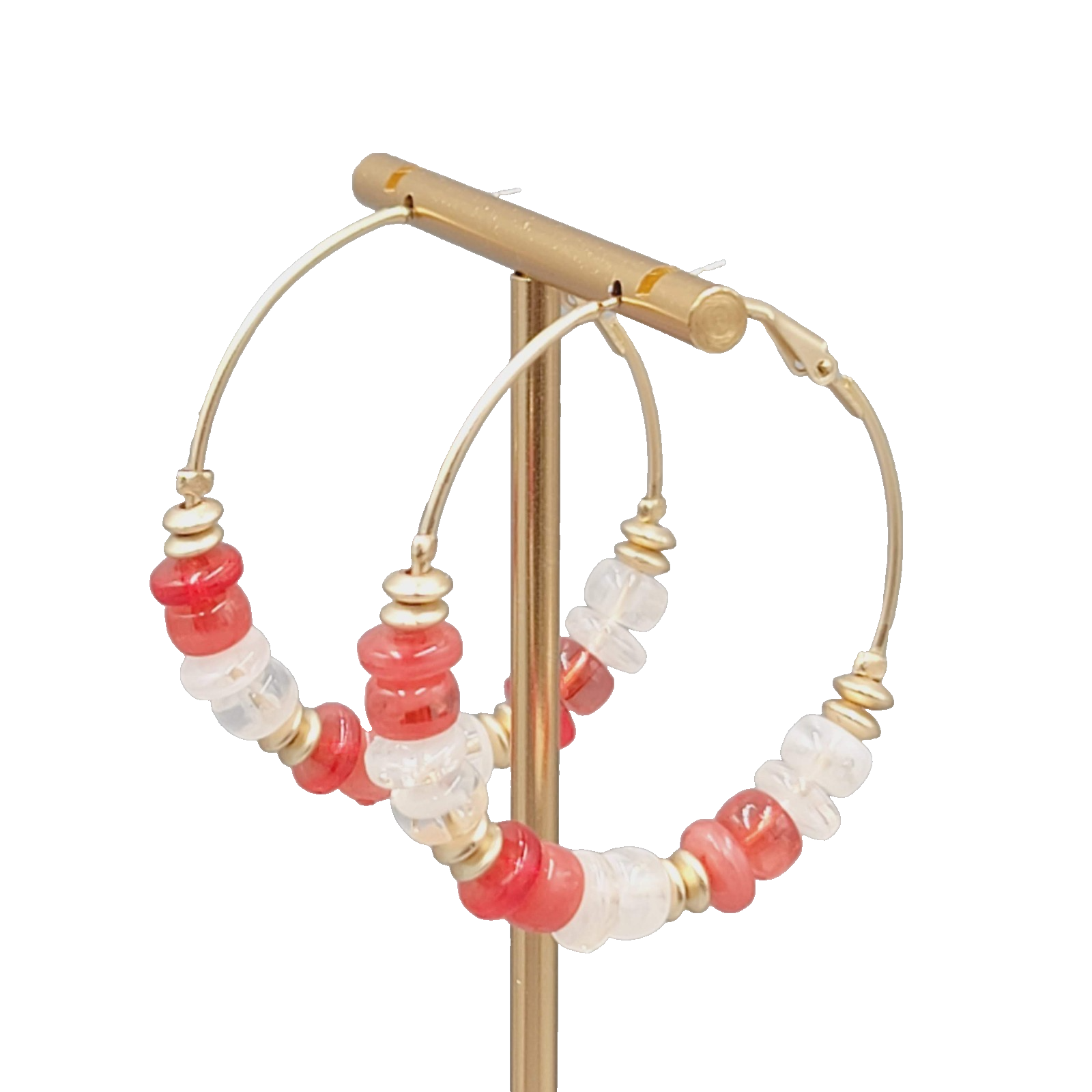 Red White Bead Pierced Earrings Gold tone Hoops 2"
