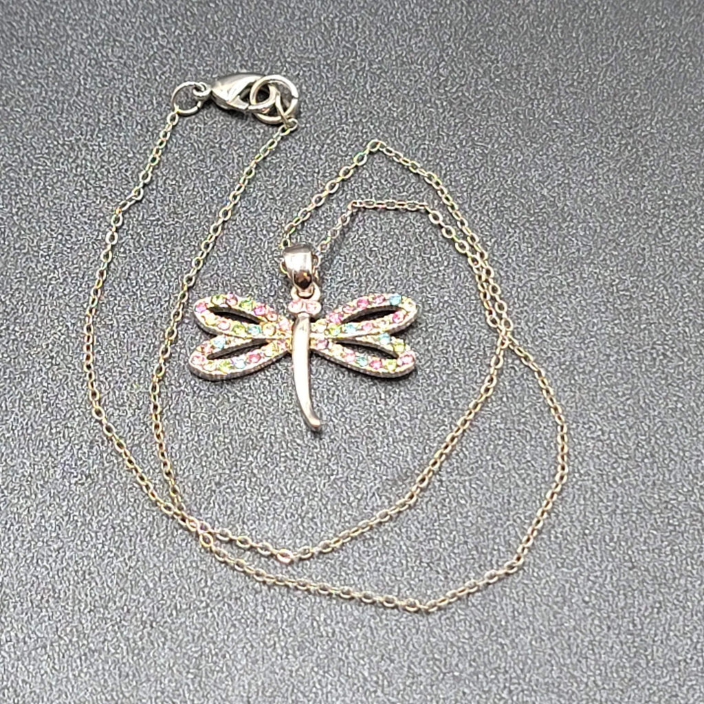 Dragonfly Necklace Multicolor Crystal Pendant Silver tone Chain 16"