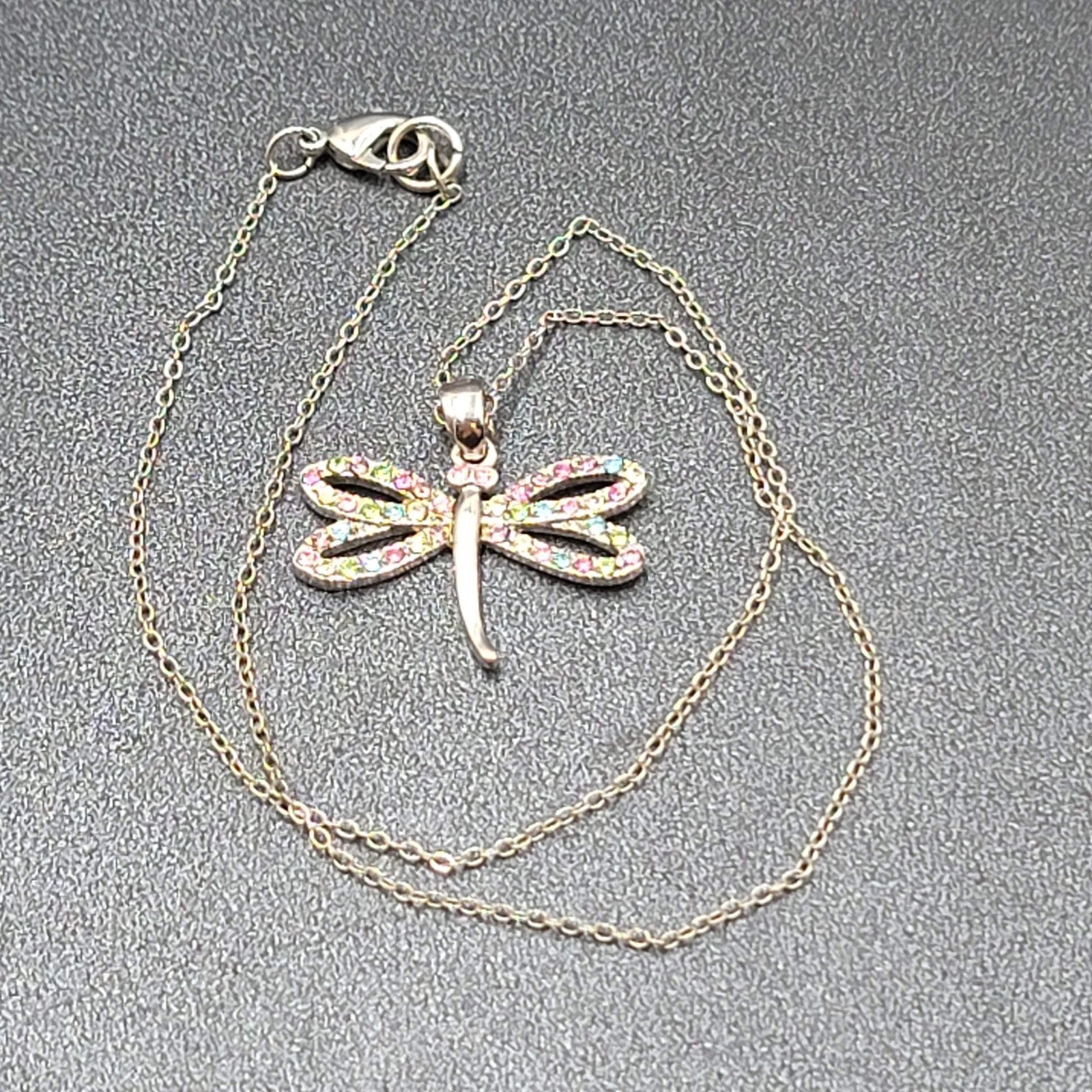 Dragonfly Necklace Multicolor Crystal Pendant Silver tone Chain 16"