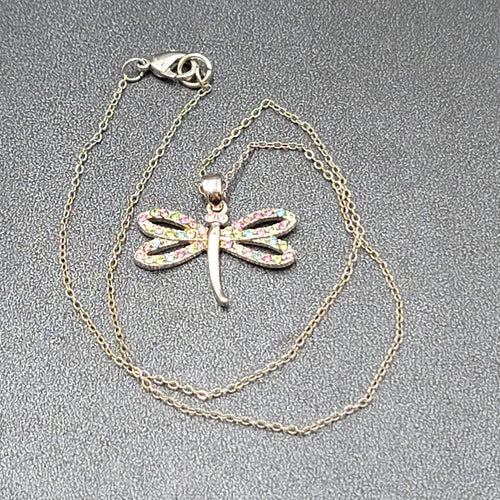 Dragonfly Necklace Multicolor Crystal Pendant Silver tone Chain 16"