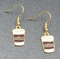 Coffee Pierced Earrings White Brown Enamel Gold tone Dangle New 5/8"