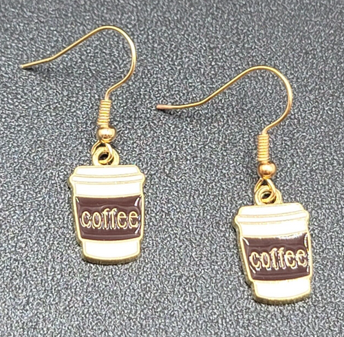 Coffee Pierced Earrings White Brown Enamel Gold tone Dangle New 5/8"