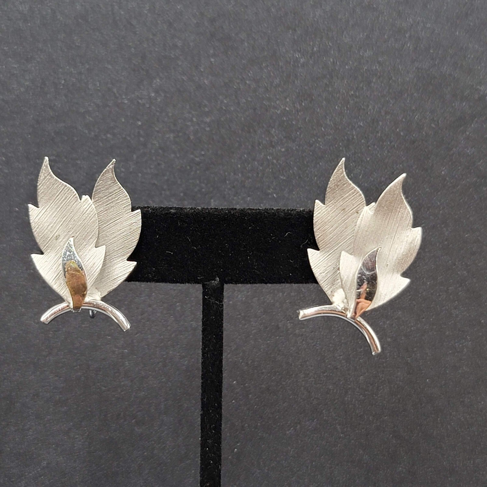 Vintage Clip on Earrings Brushed Silver tone Leaves Climber 1.5"