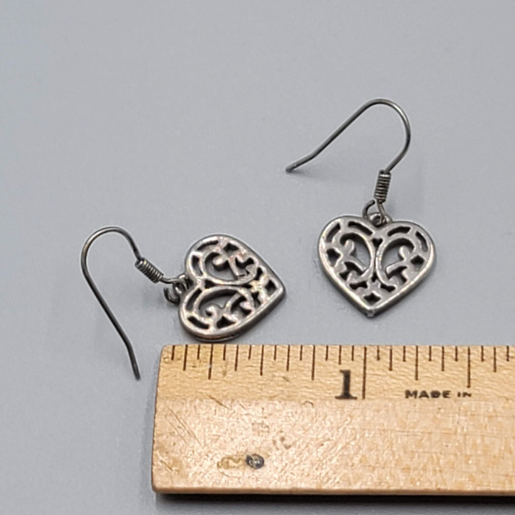 Heart Pierced Earrings Small Filigree Silver tone Dangle 1/2"