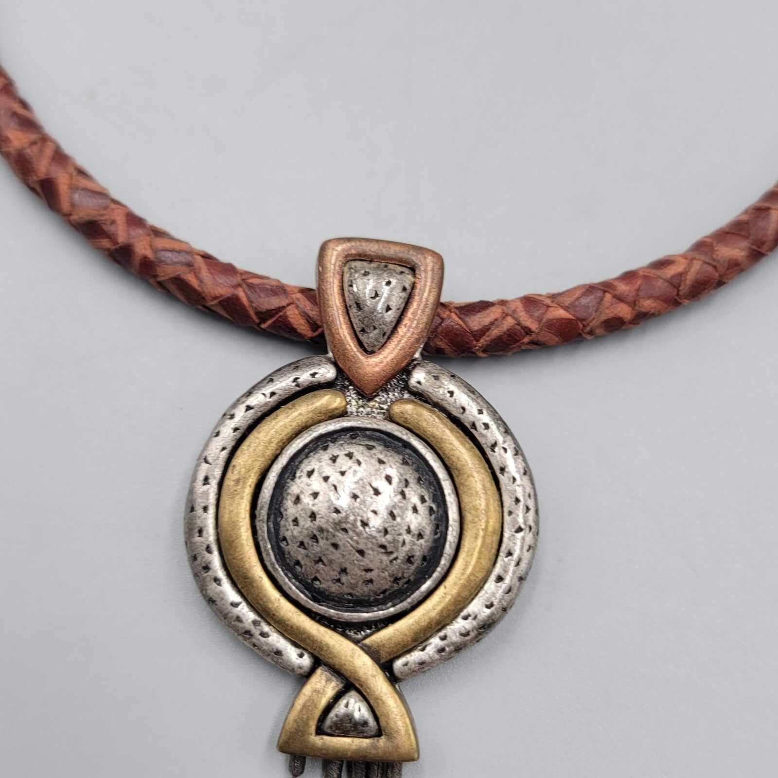 Chicos Necklace Brown Leather Cord Two toned Pendant Dangle Chains 16"