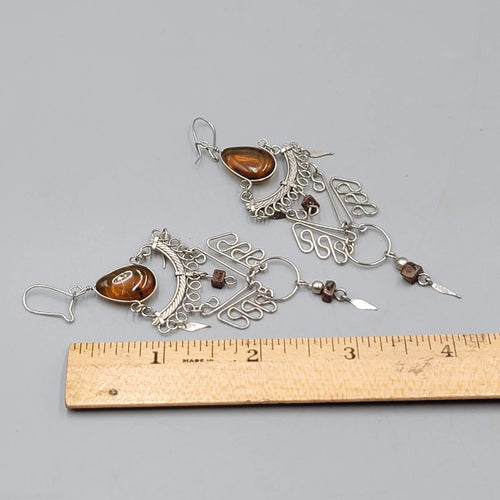Bohemian Chandelier Brown Glass Pierced Earrings Silver tone Dangle 3.25"