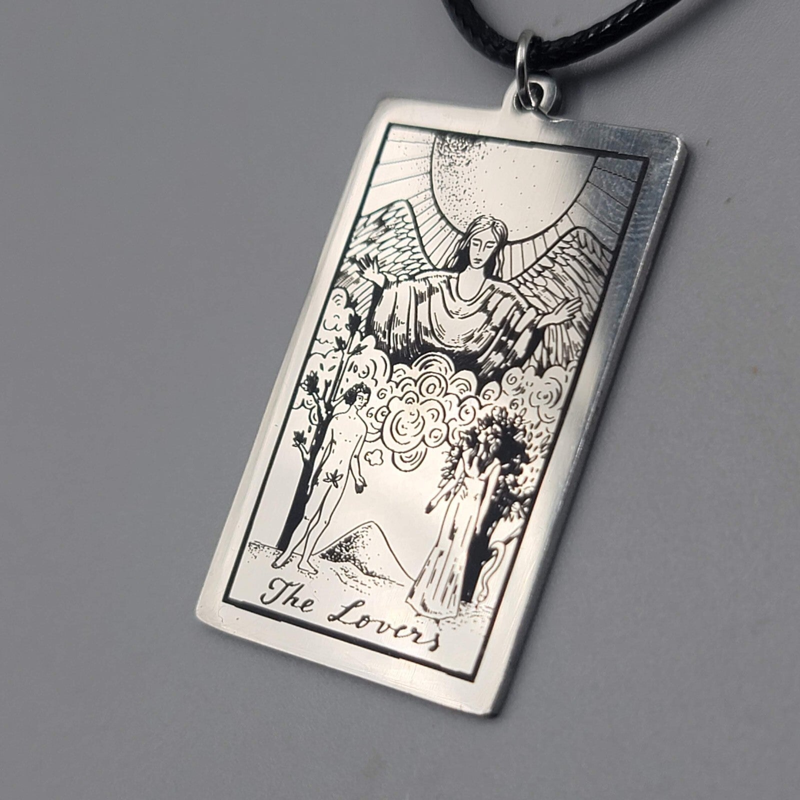 The LOVERS Tarot Card Pendant Necklace Major Arcana Silver tone Black Cord 18" 