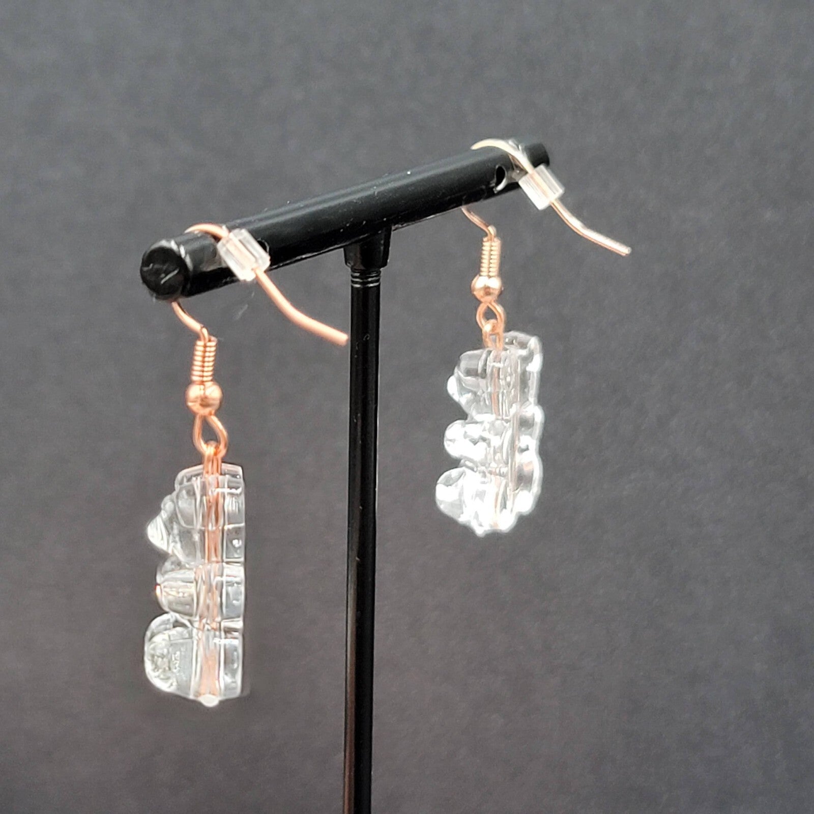 New Clear Gummy Bear Pierced Earrings Rose Gold tone Hooks Dangle 3/4"