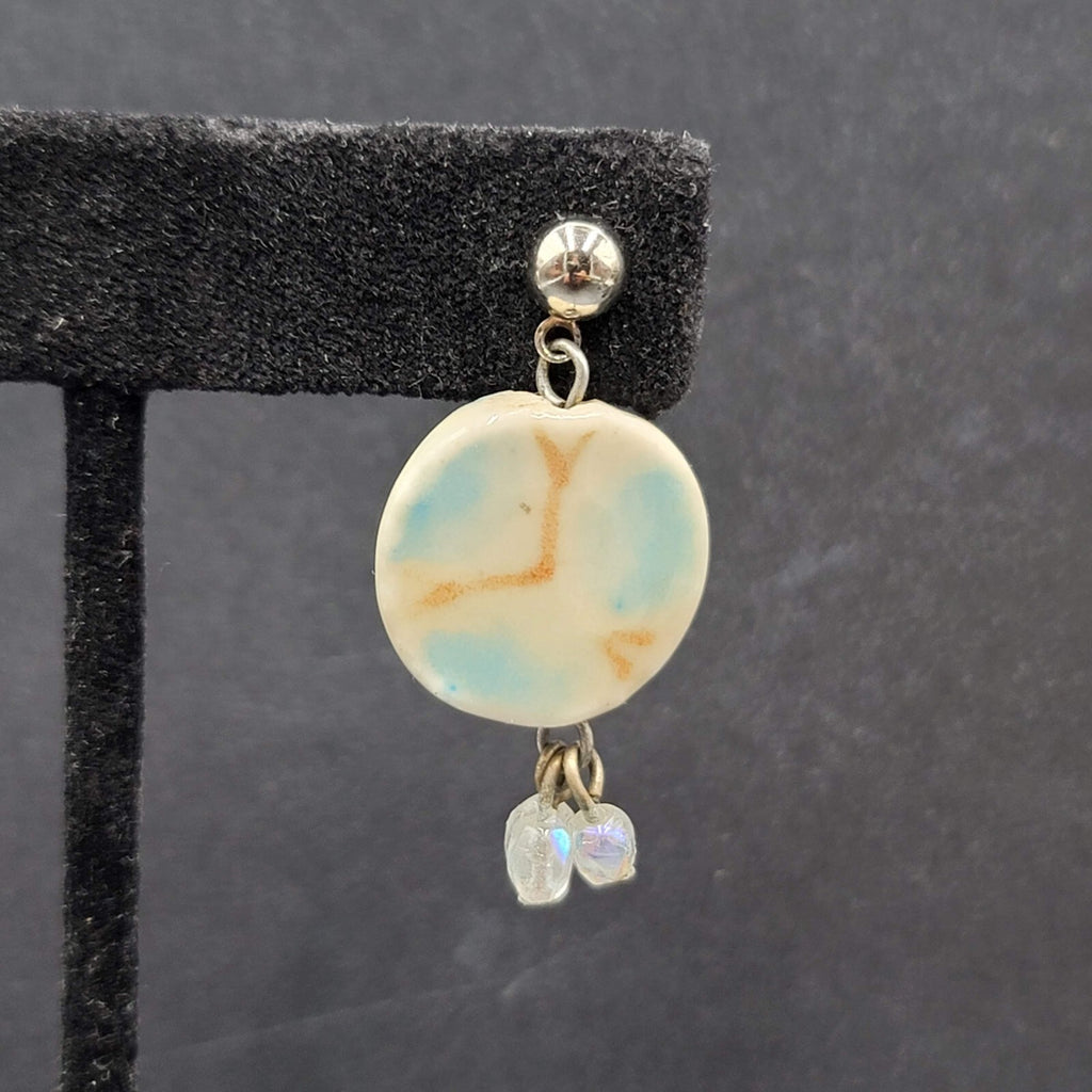 Pierced Earrings Silver tone Ceramic Pottery Bead White Blue 1.25"