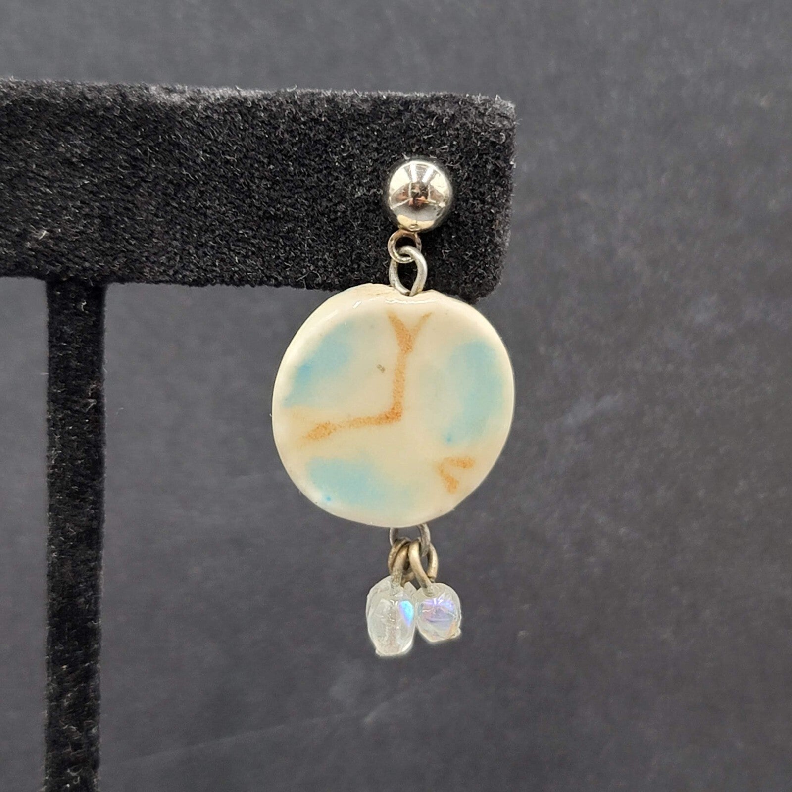 Pierced Earrings Silver tone Ceramic Pottery Bead White Blue 1.25"
