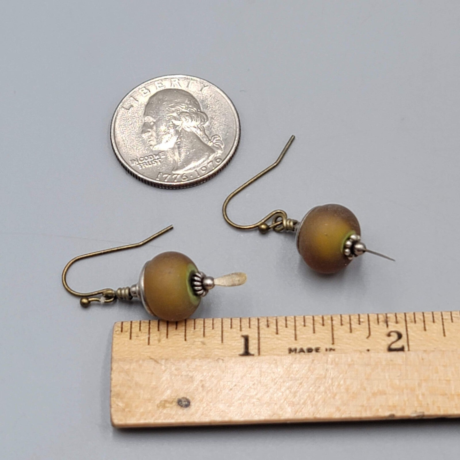 Glass Bead Pierced Earrings Bronze tone & Silver tone Dangle 1"