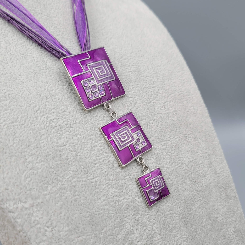 Purple Enamel Square Pendant Necklace Ribbon Cord Silver tone 16"-18"