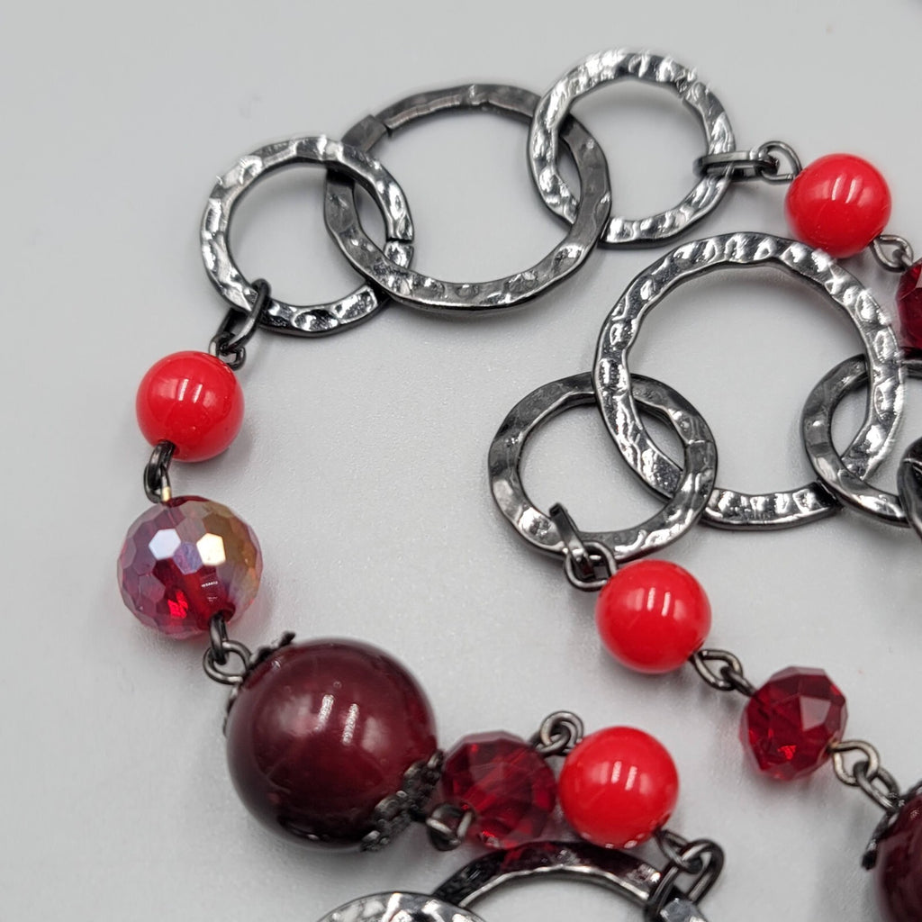 Premier Designs Necklace Black Metal Red Bead Statement Long 38"