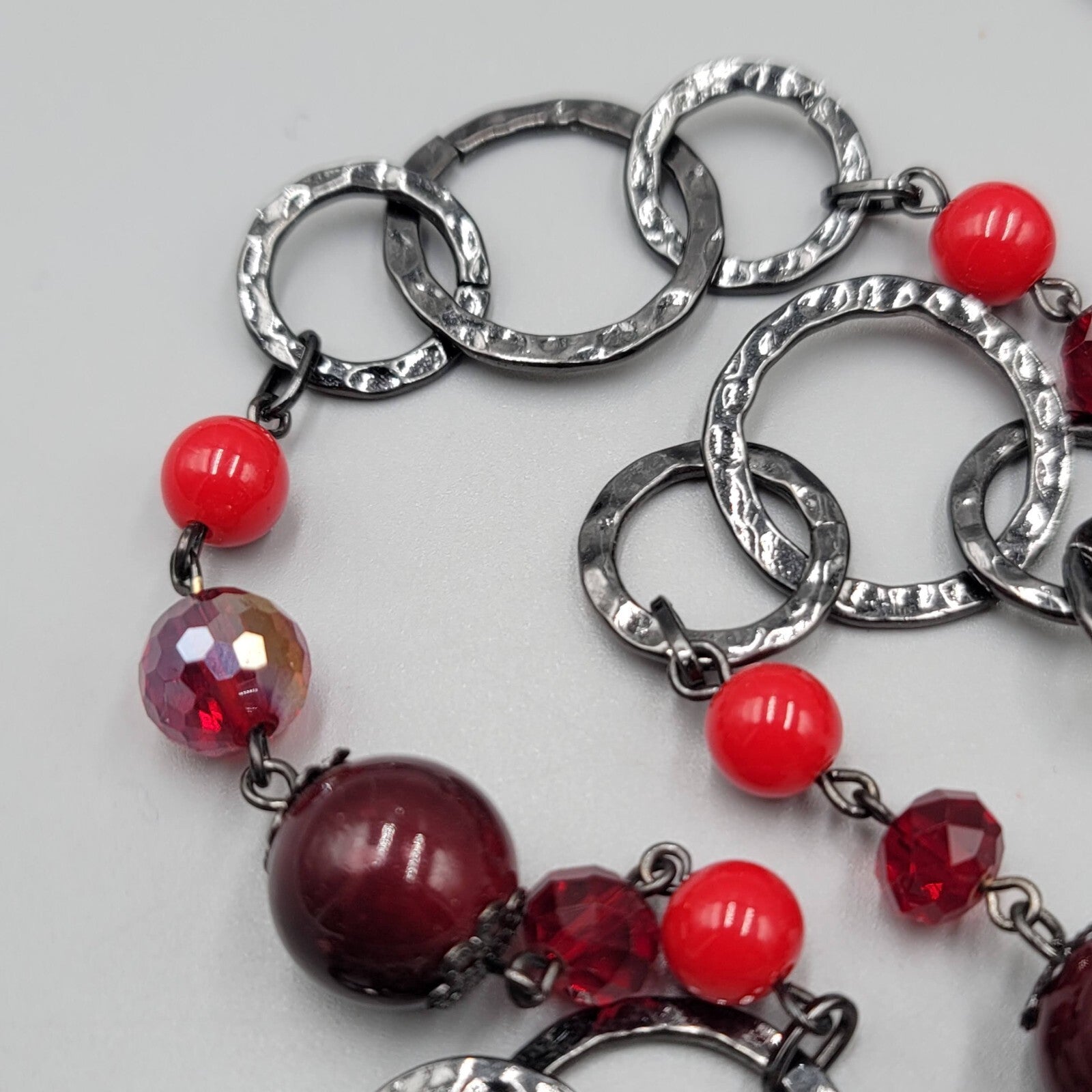 Premier Designs Necklace Black Metal Red Bead Statement Long 38"