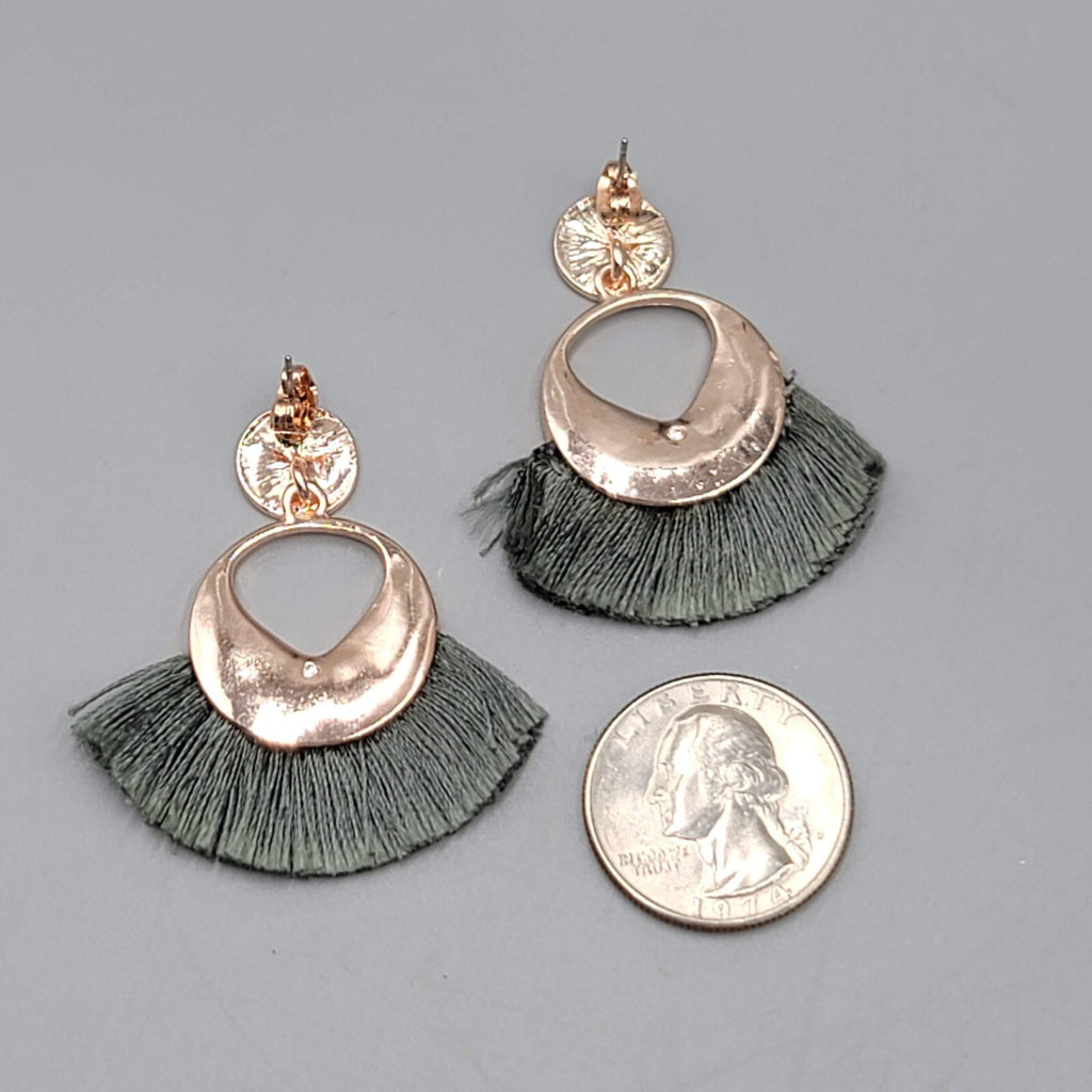 Green Tassel Pierced Earrings Rose Gold tone Dangle 1.75"