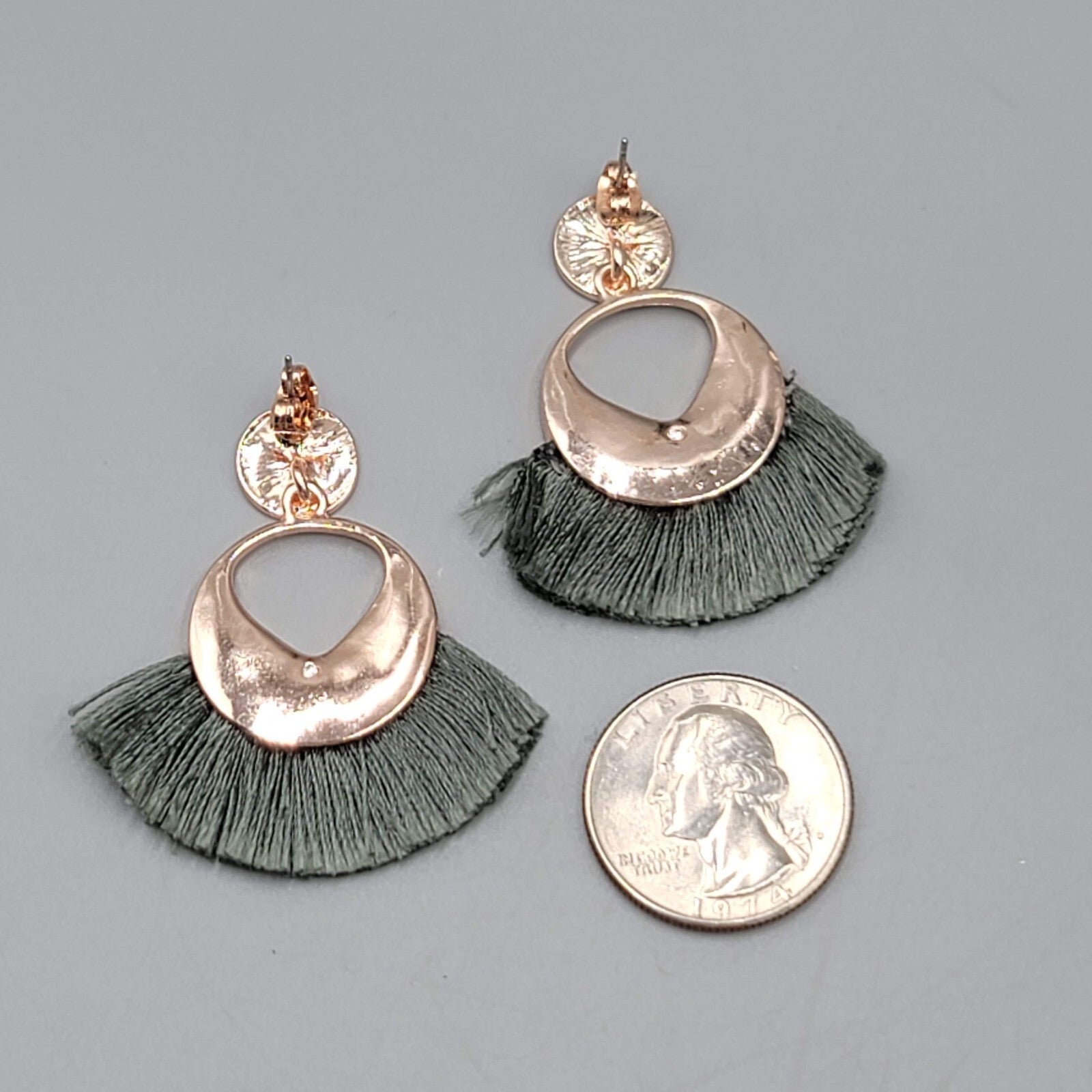 Green Tassel Pierced Earrings Rose Gold tone Dangle 1.75"