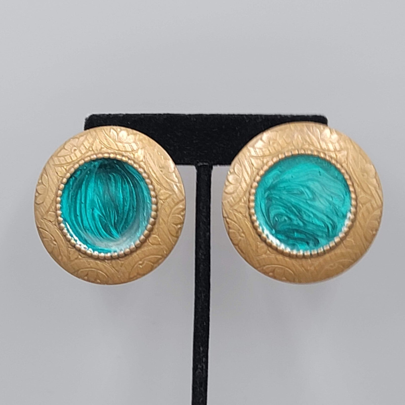 Large Round Pierced Earrings Bronze tone Green Swirl Enamel Drop 1 5/8"