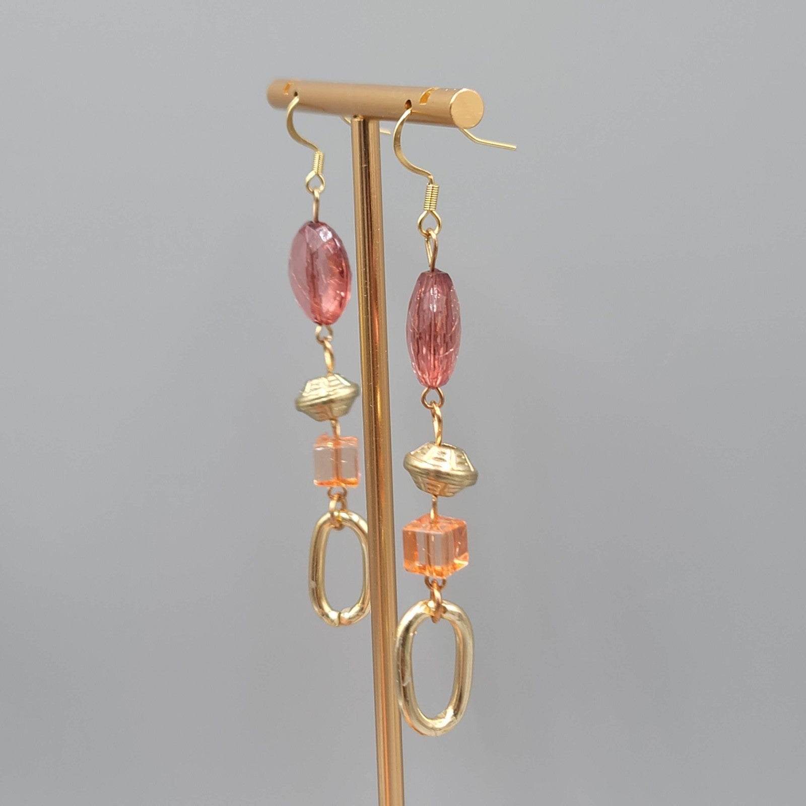 Beaded Purple Orange Pierced Earrings Gold tone Dangle Long 2.75 in
