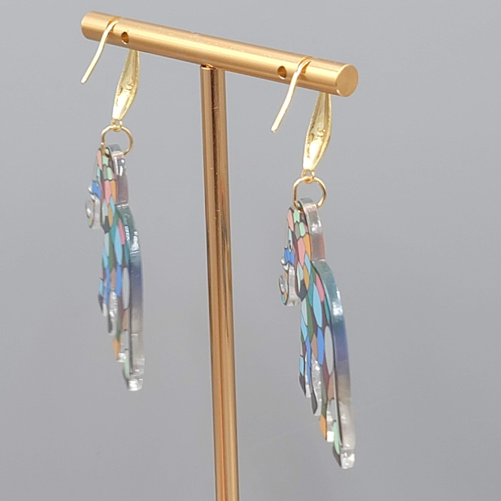 Multicolor Mosiac Elephant Pierced Earrings Acrylic Dangle Gold tone Hook 1 3/8"