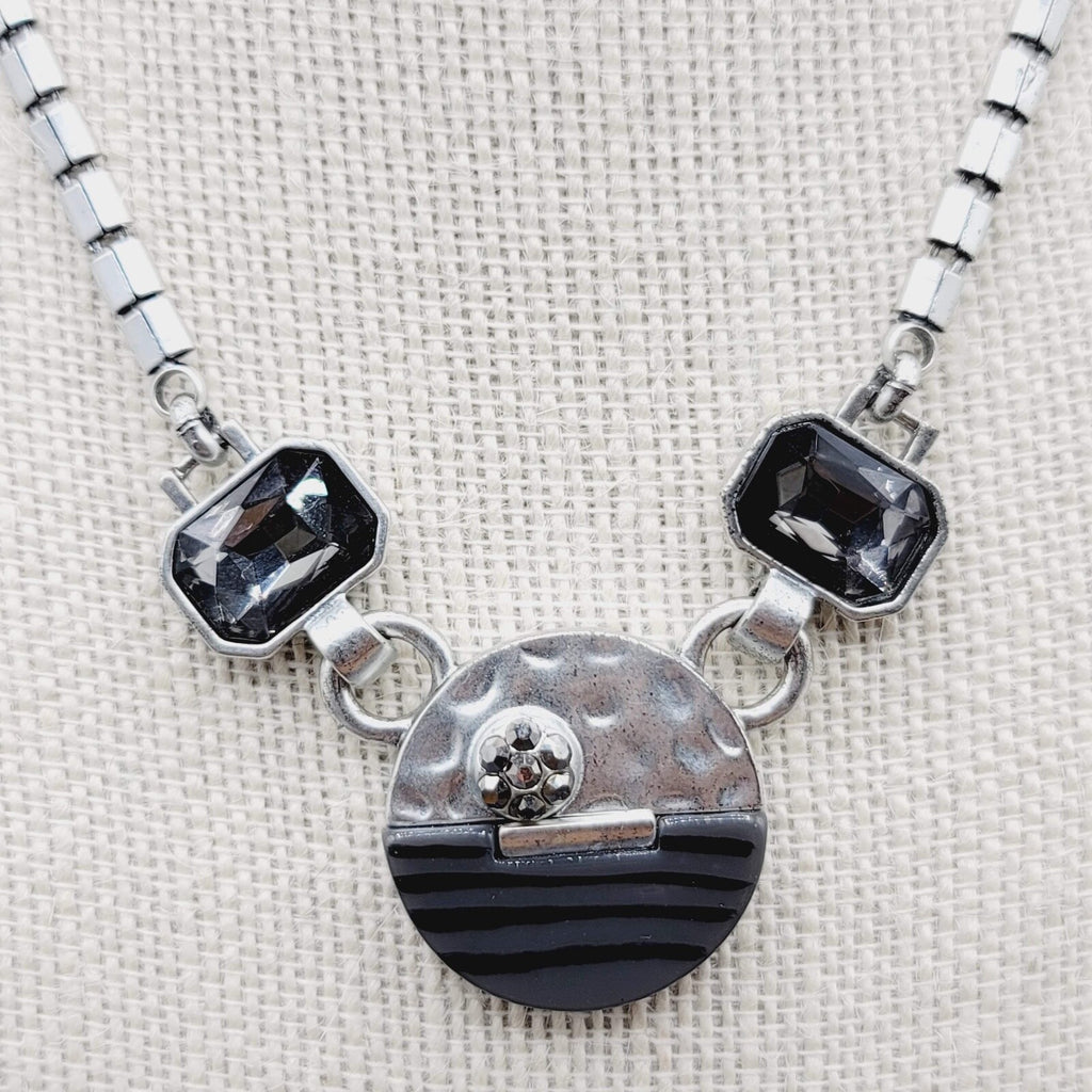 Silver tone Necklace Signed Unknown Brand Gray Black Glass Accents 17" - 19.5"