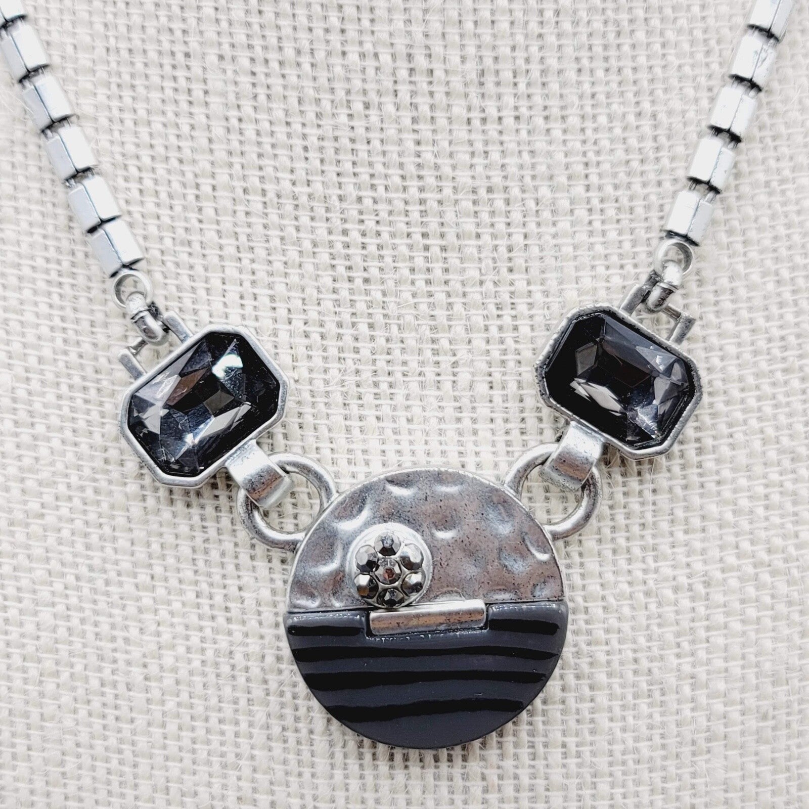 Silver tone Necklace Signed Unknown Brand Gray Black Glass Accents 17" - 19.5"