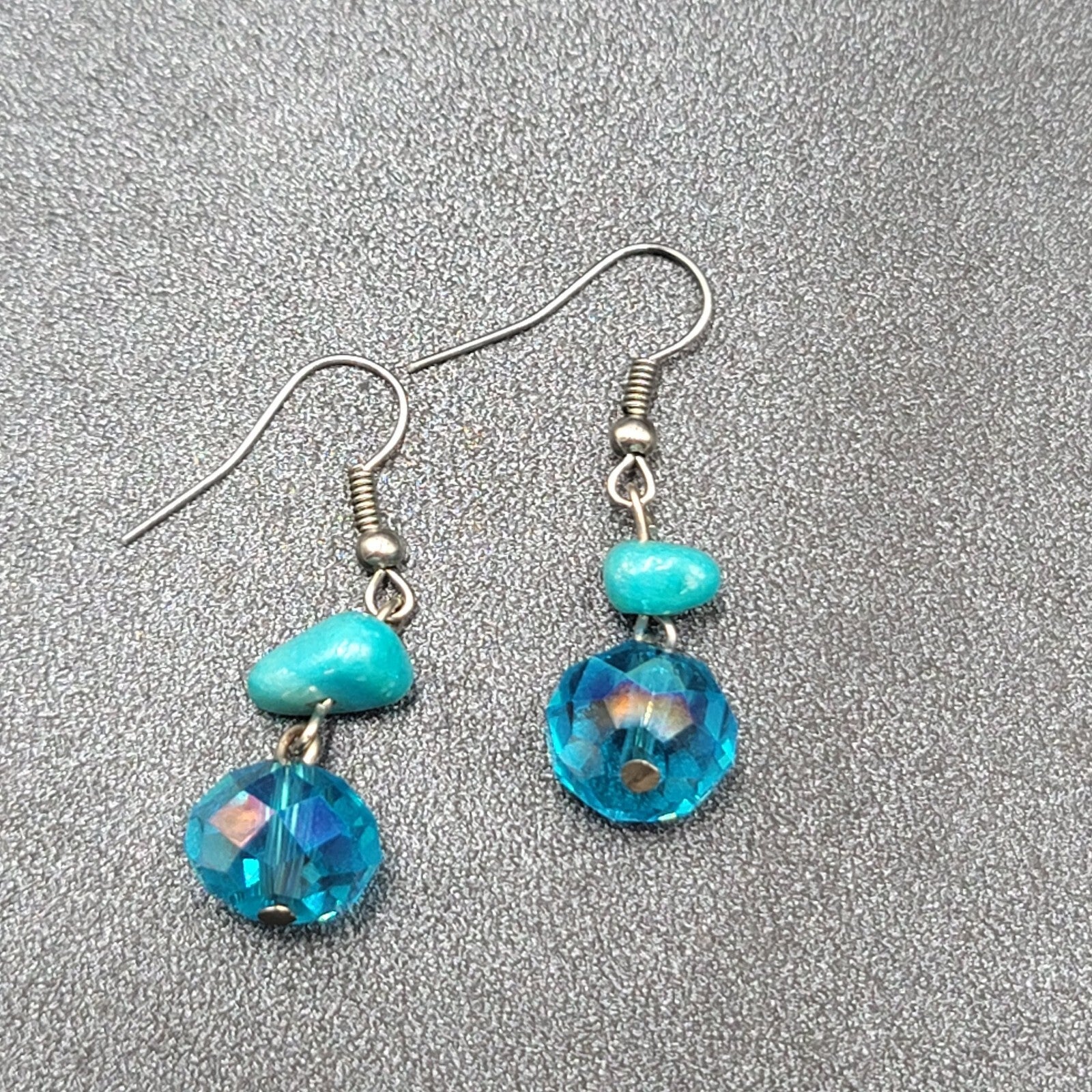 Pierced Earrings Silver tone Turquoise Stone Blue Crystal Bead Dangle 7/8"