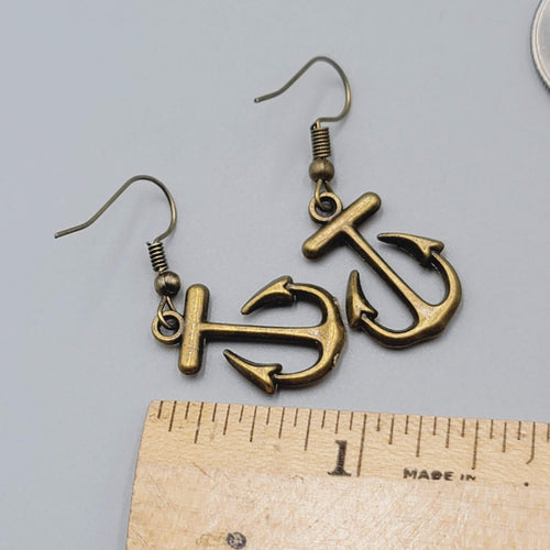 Boat Anchor Nautical Pierced Earrings Bronze tone Dangle 7/8"