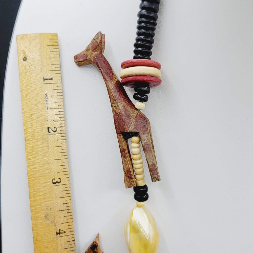Safari African Giraffe Carved Wood Beaded Necklace Vintage 28"