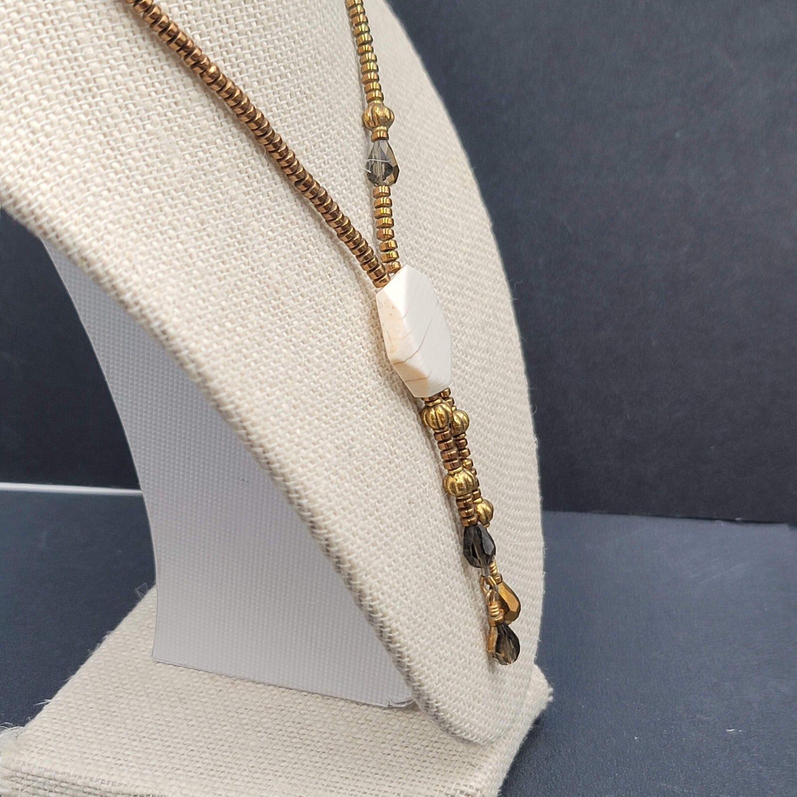 Signed Holly Necklace Gold tone Seed Bead White Stone Pendant Tassels 16"-18"