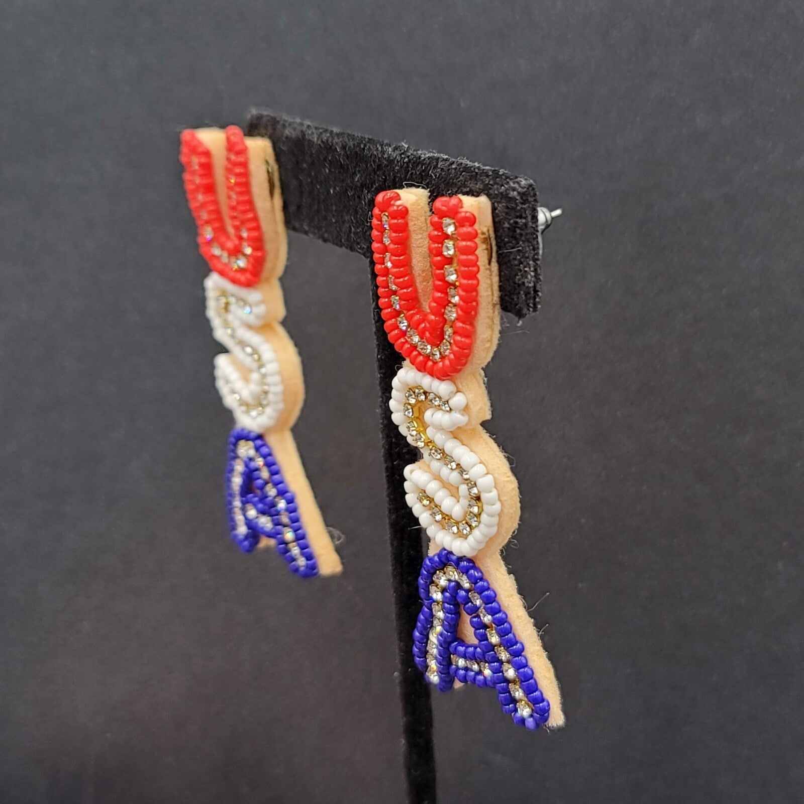 USA Pierced Earrings Beaded Felt Patriotic 4th of July Red White Blue 2.5"